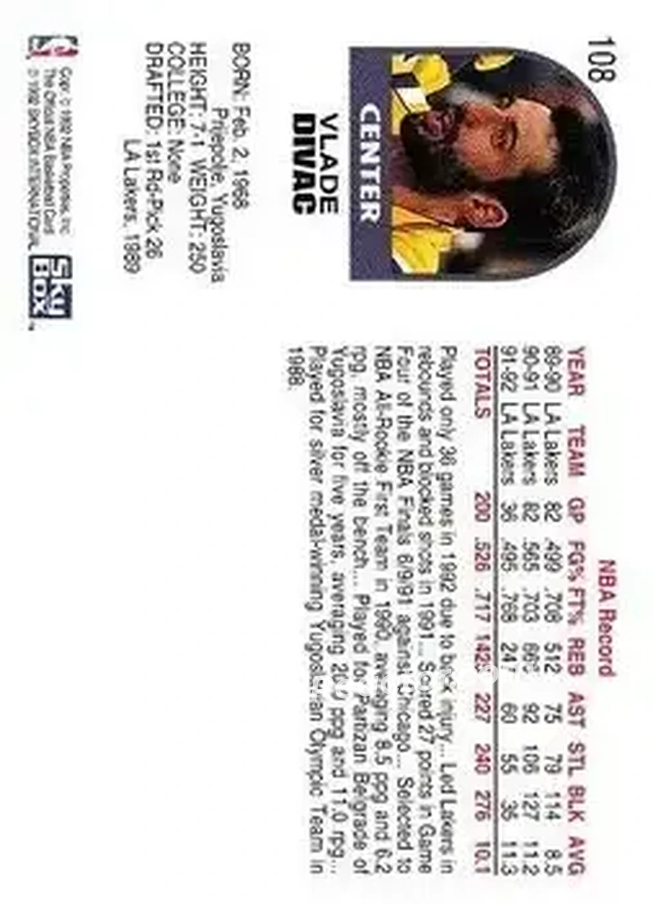 1992-93 Hoops #108 - Vlade Divac - Los Angeles Lakers - Back