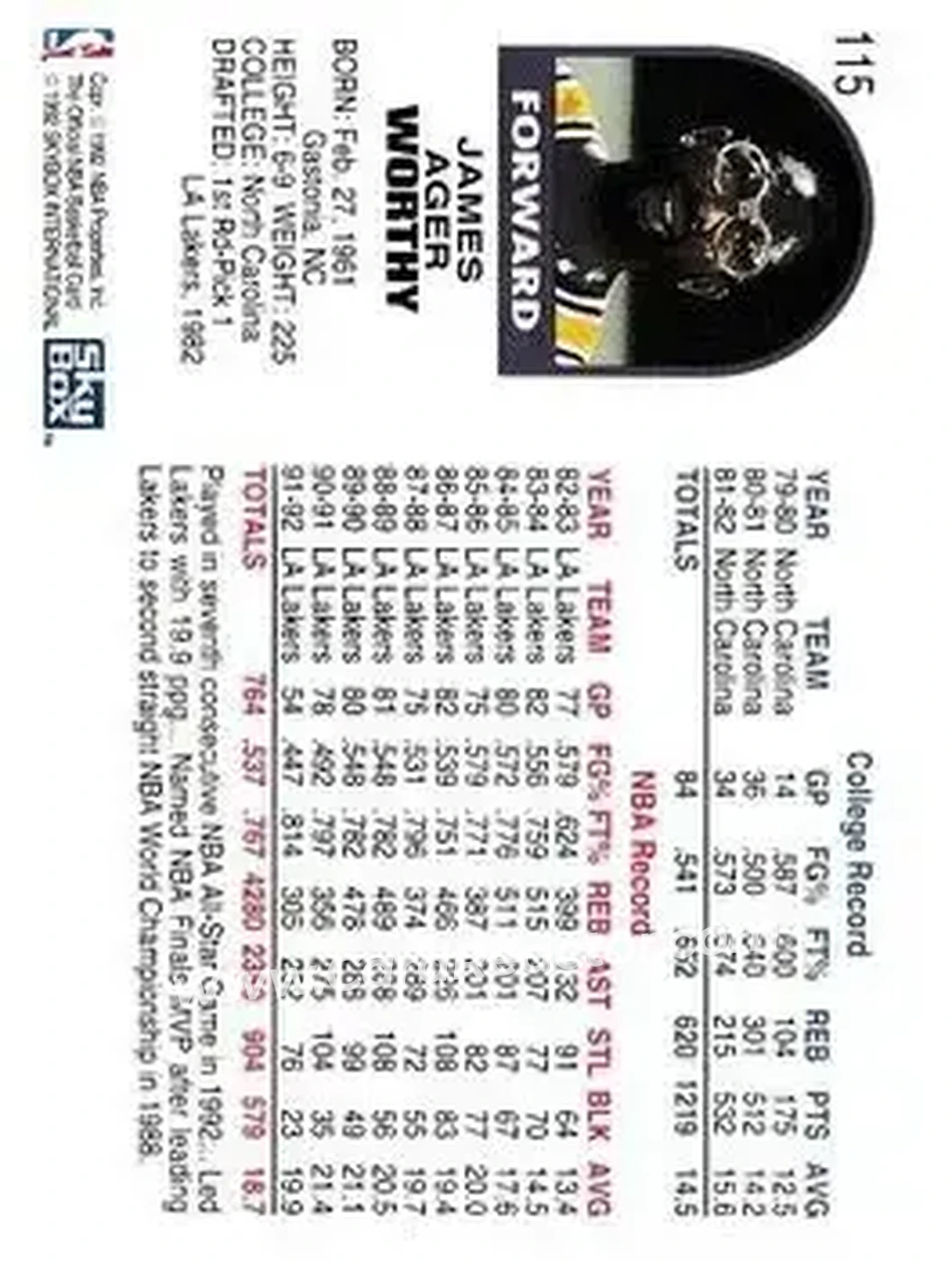 1992-93 Hoops #115 - James Worthy - Los Angeles Lakers - Back 1992-93 Hoops #115 - James Worthy - Los Angeles Lakers - Back