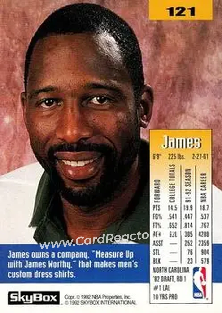 1992-93 SkyBox #121 - James Worthy - Los Angeles Lakers - Back 1992-93 SkyBox #121 - James Worthy - Los Angeles Lakers - Back