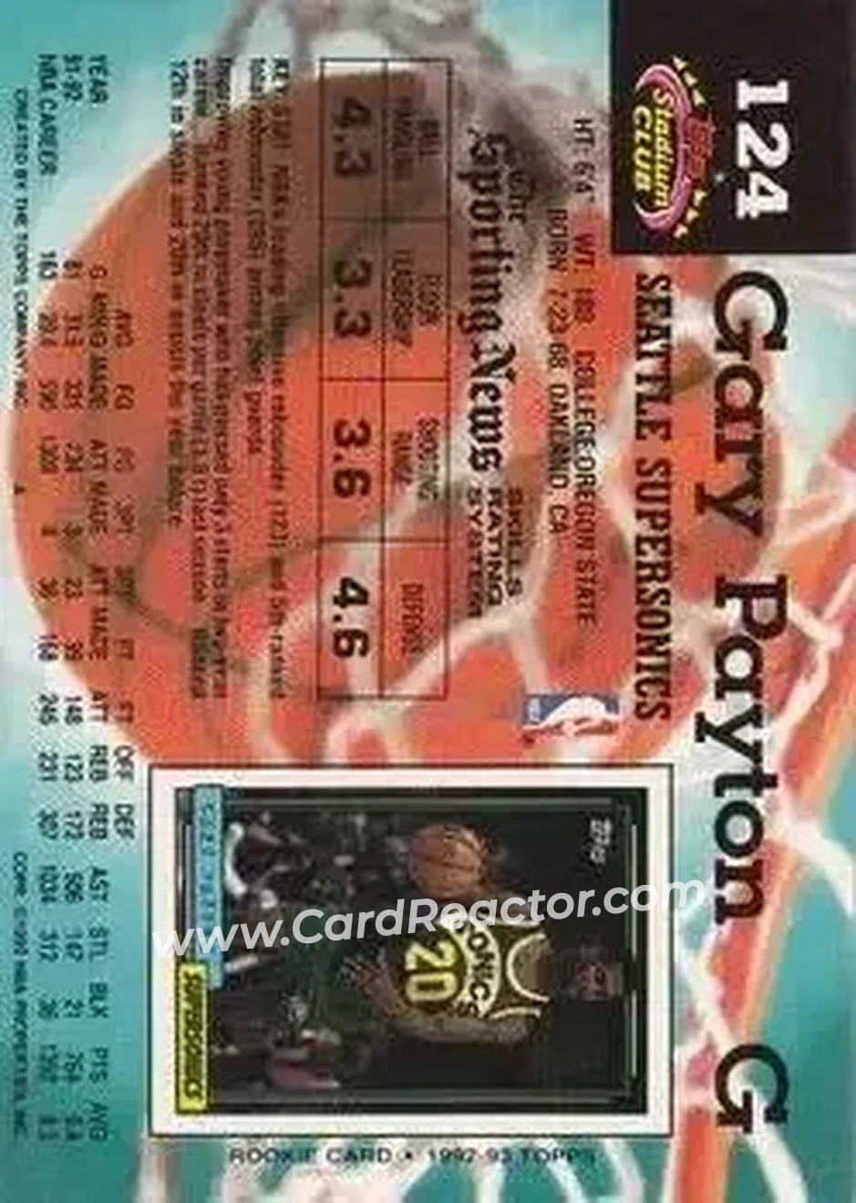 1992-93 Stadium Club #124 - Gary Payton - Seattle SuperSonics - Back