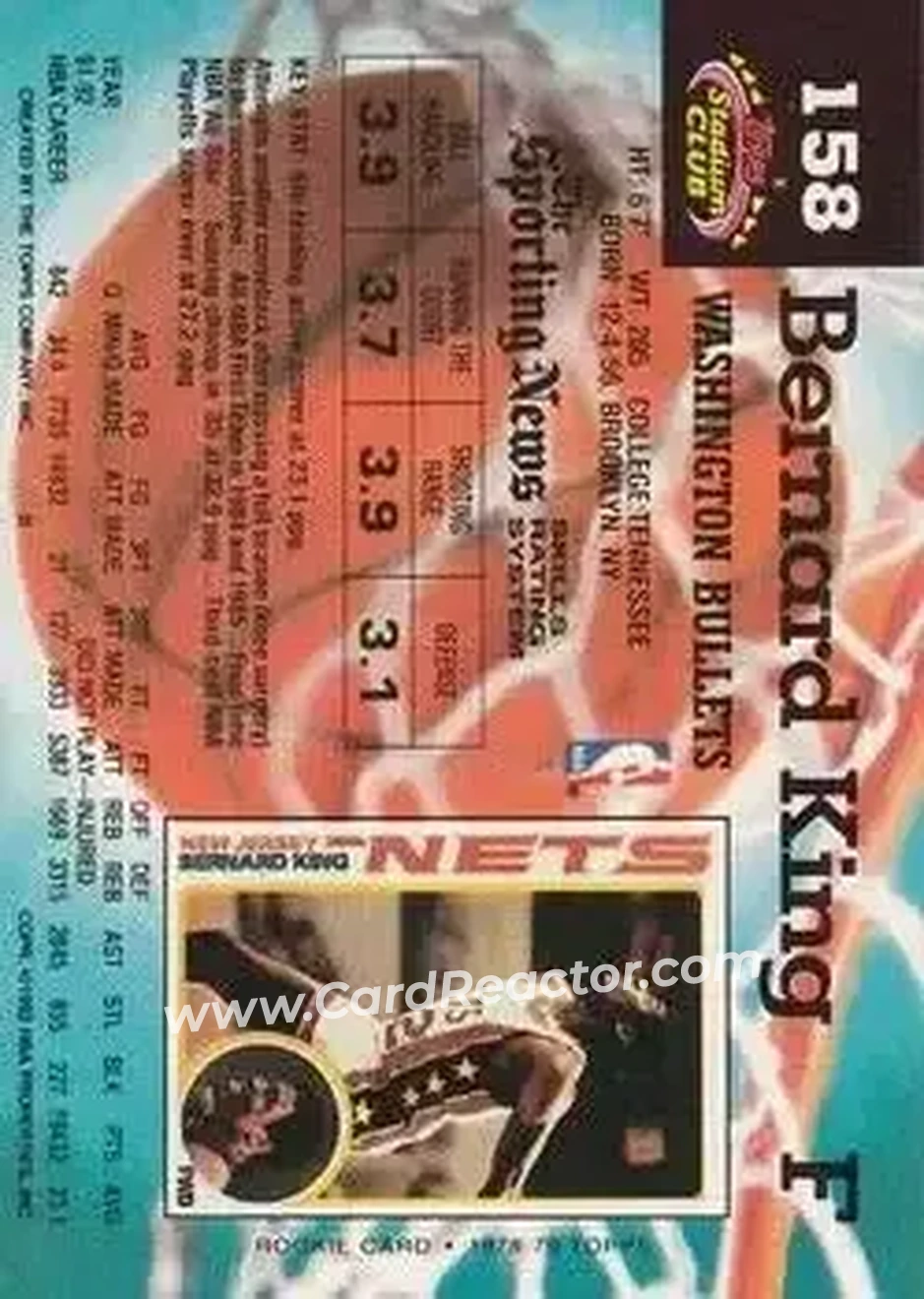1992-93 Stadium Club #158 - Bernard King - Washington Bullets - Back