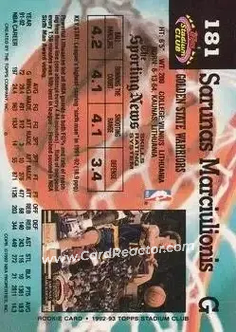 1992-93 Stadium Club #181 - Šarūnas Marčiulionis - Golden State Warriors - Back