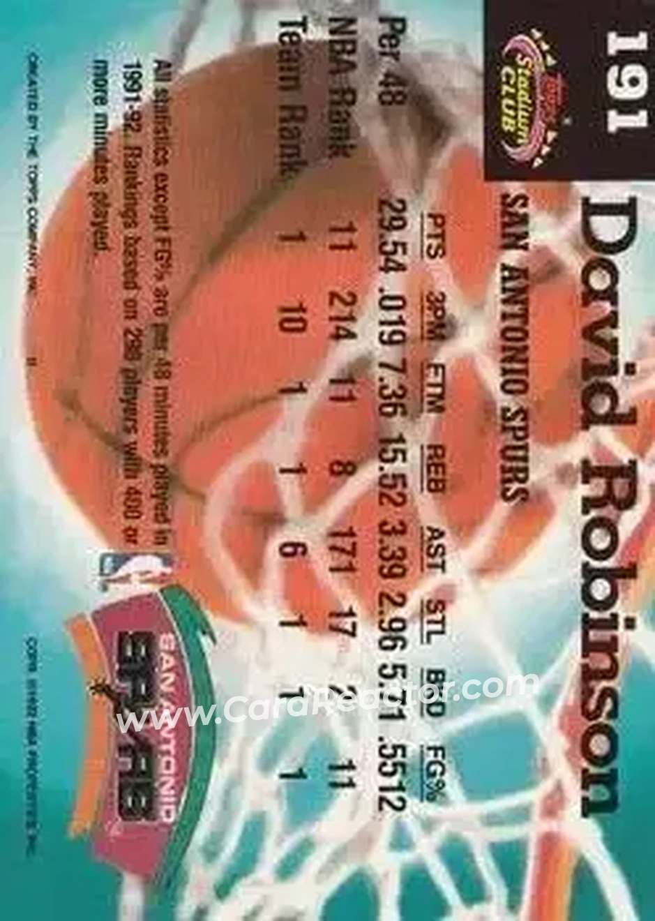 1992-93 Stadium Club #191 - David Robinson - San Antonio Spurs - Back 1992-93 Stadium Club #191 - David Robinson - San Antonio Spurs - Back