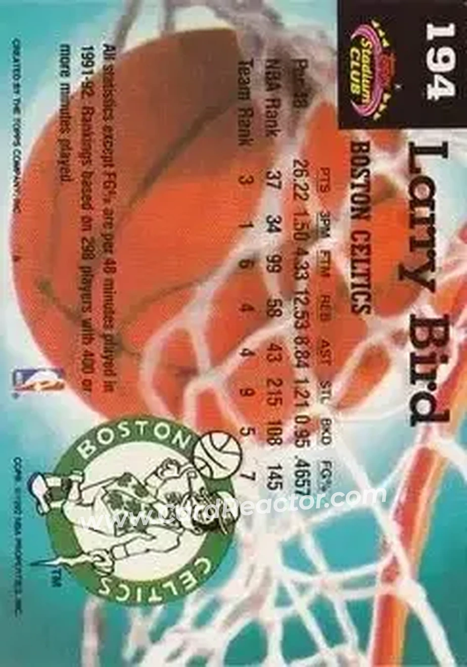 1992-93 Stadium Club #194 - Larry Bird - Boston Celtics - Back