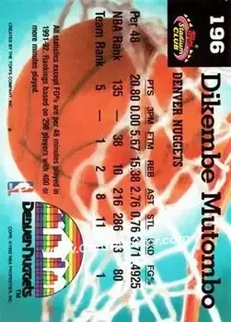 1992-93 Stadium Club #196 - Dikembe Mutombo - Denver Nuggets - Back 1992-93 Stadium Club #196 - Dikembe Mutombo - Denver Nuggets - Back