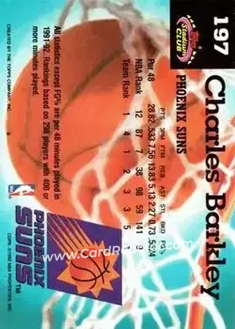 1992-93 Stadium Club #197 - Charles Barkley - Phoenix Suns - Back