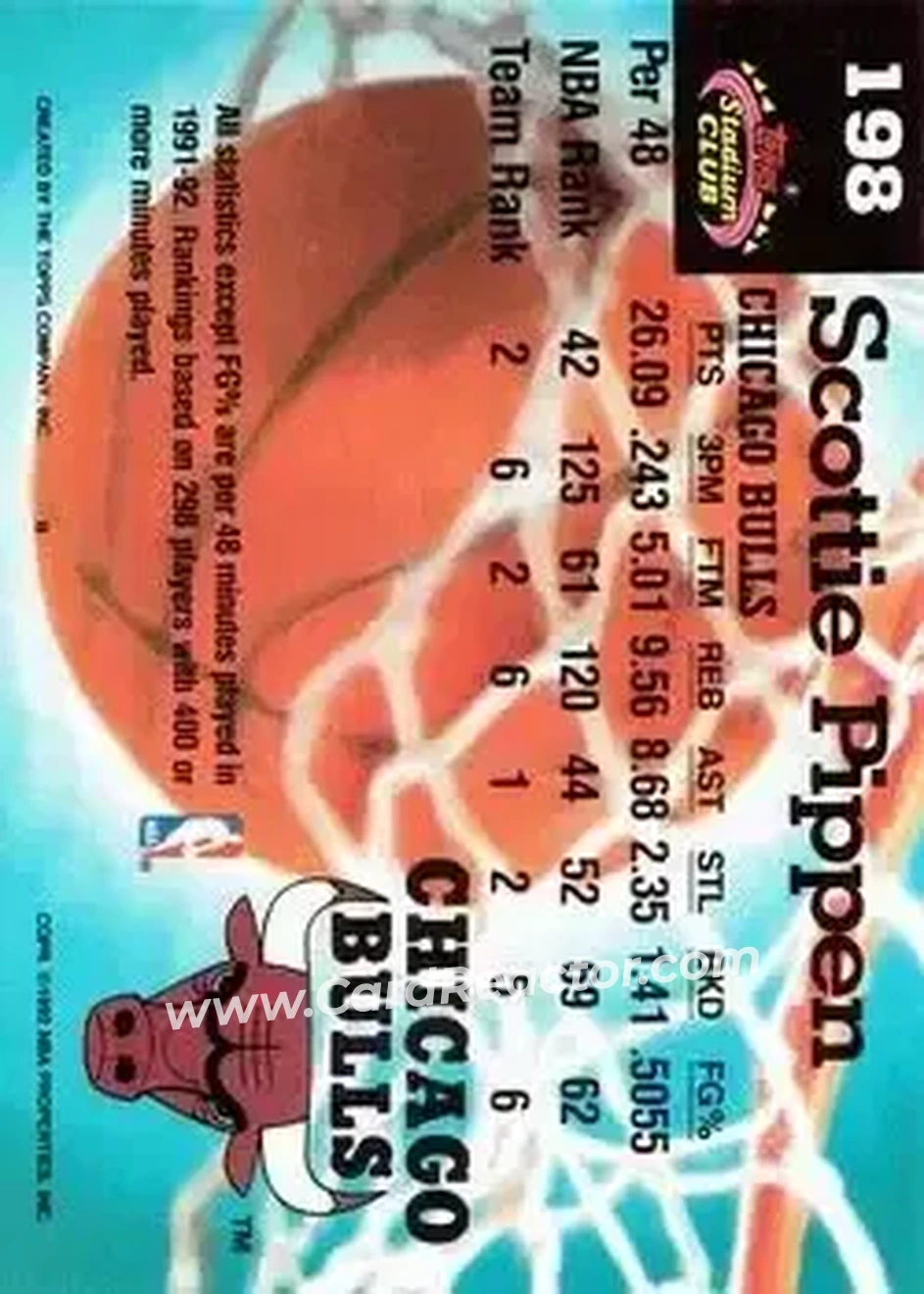 1992-93 Stadium Club #198 - Scottie Pippen - Chicago Bulls - Back