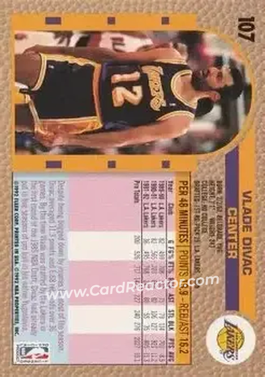 1992-93 Fleer #107 - Vlade Divac - Los Angeles Lakers - Back