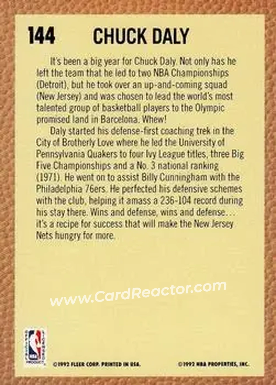 1992-93 Fleer #144 - Chuck Daly - New Jersey Nets - Back