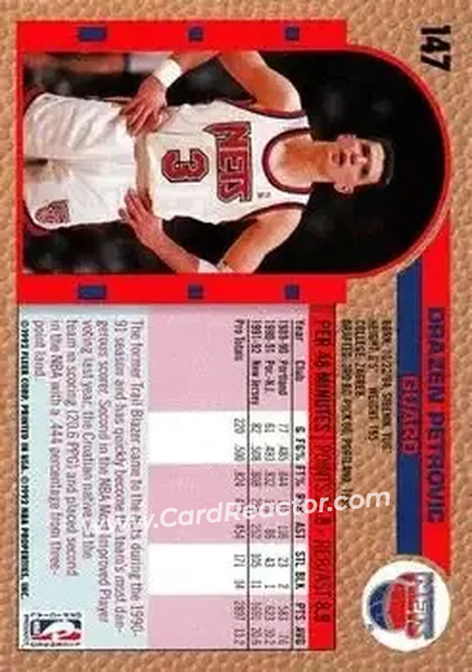 1992-93 Fleer #147 - Dražen Petrović - New Jersey Nets - Back
