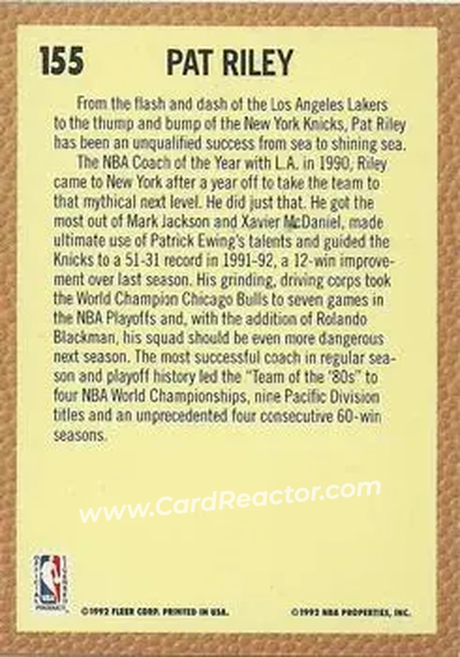 1992-93 Fleer #155 - Pat Riley - New York Knicks - Back