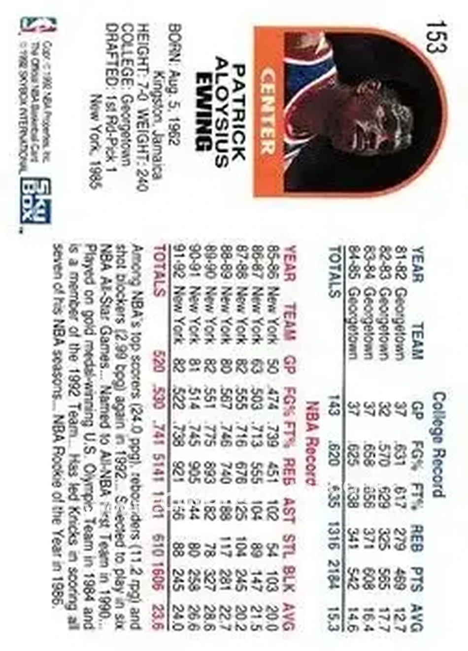 1992-93 Hoops #153 - Patrick Ewing - New York Knicks - Back