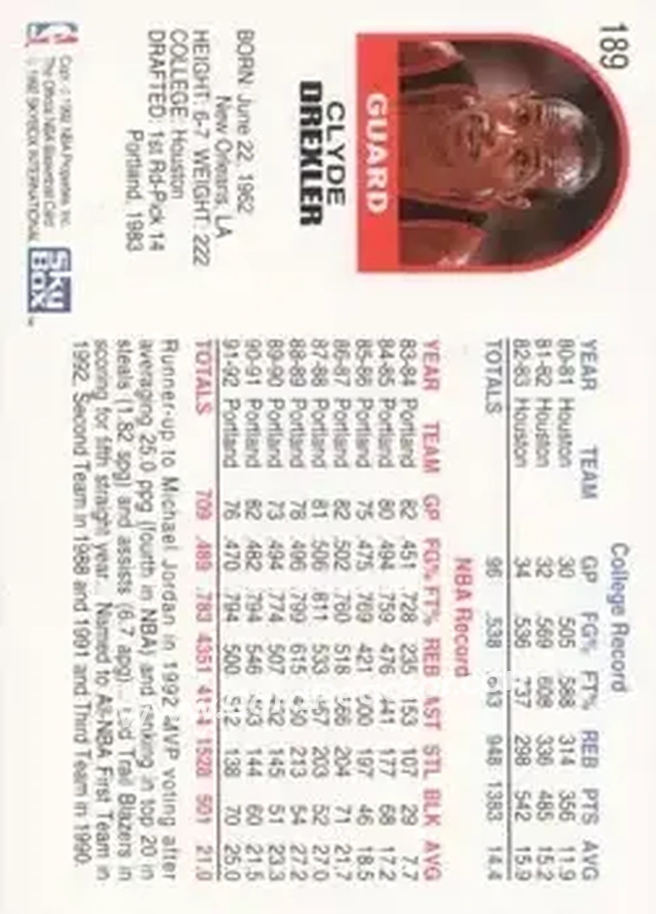 1992-93 Hoops #189 - Clyde Drexler - Portland Trail Blazers - Back