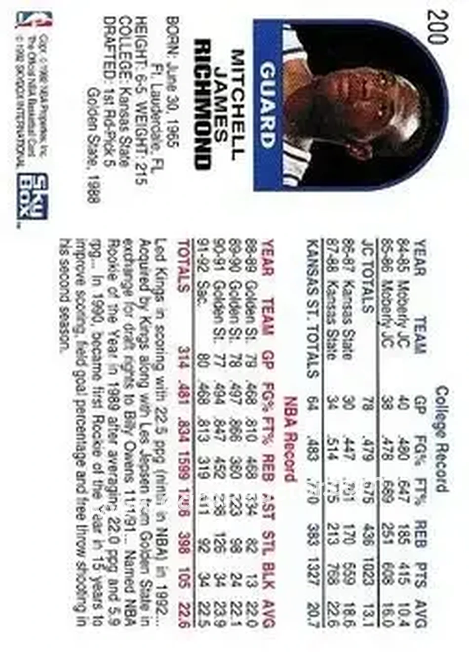 1992-93 Hoops #200 - Mitch Richmond - Sacramento Kings - Back