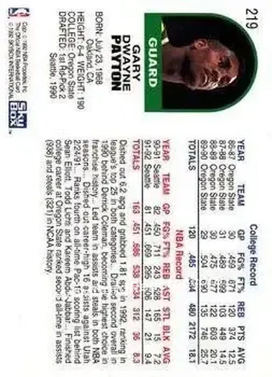 1992-93 Hoops #219 - Gary Payton - Seattle SuperSonics - Back