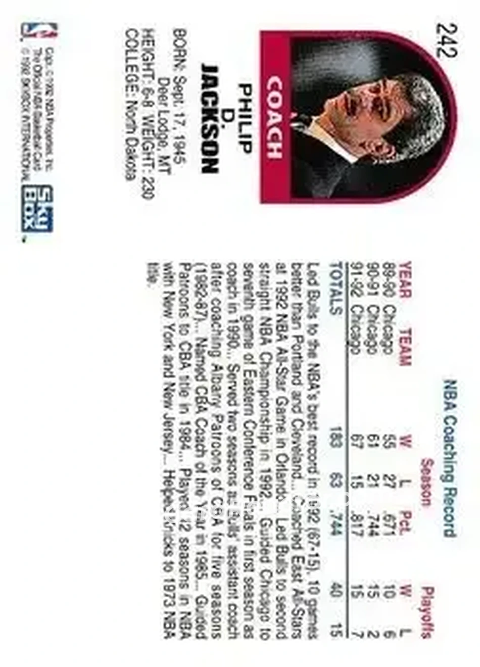 1992-93 Hoops #242 - Phil Jackson - Chicago Bulls - Back