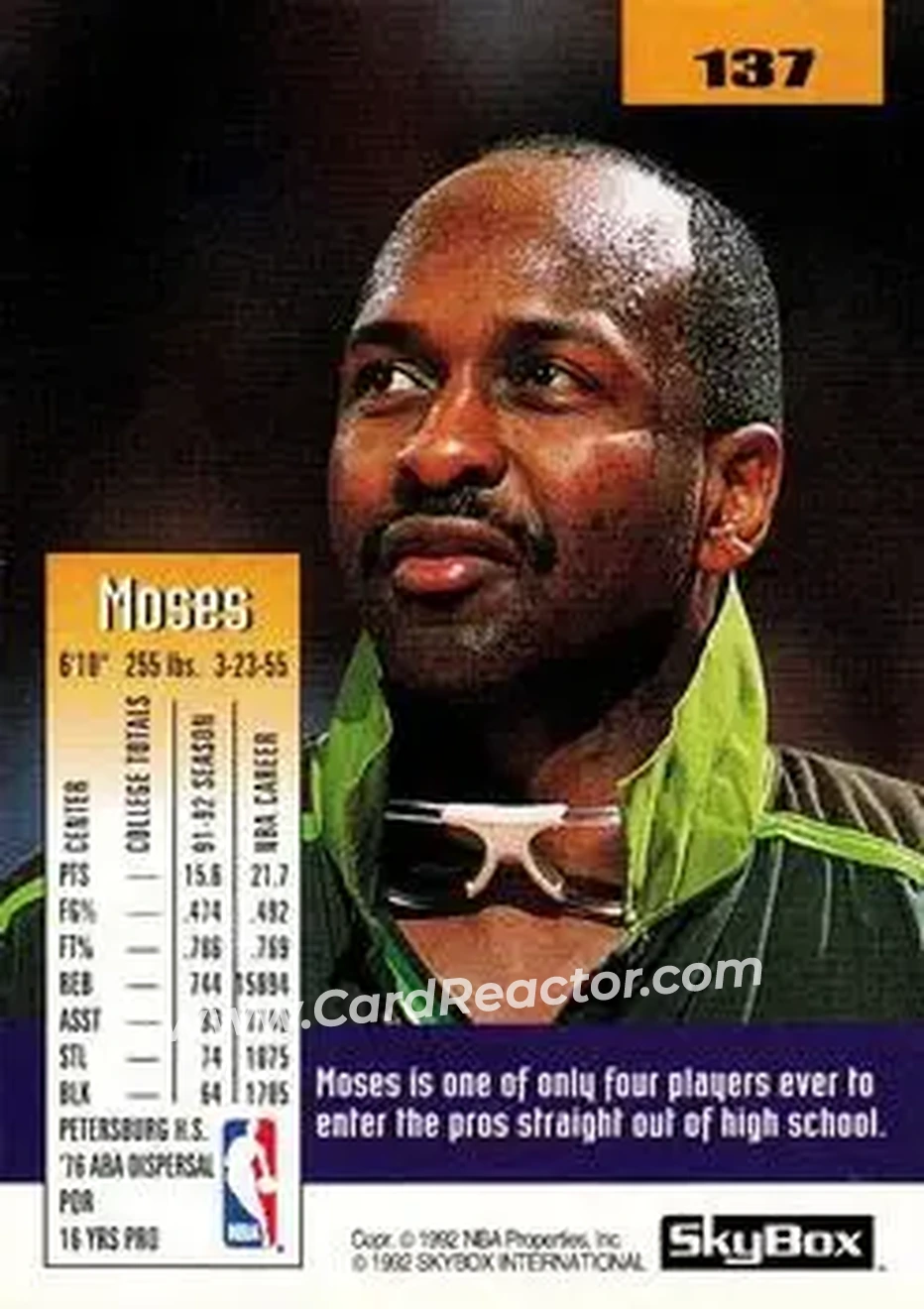 1992-93 SkyBox #137 - Moses Malone - Milwaukee Bucks - Back
