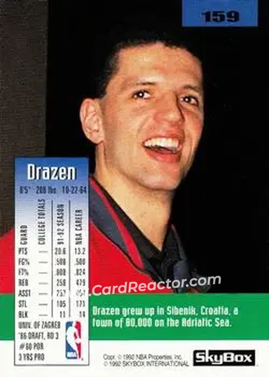 1992-93 SkyBox #159 - Dražen Petrović - New Jersey Nets - Back