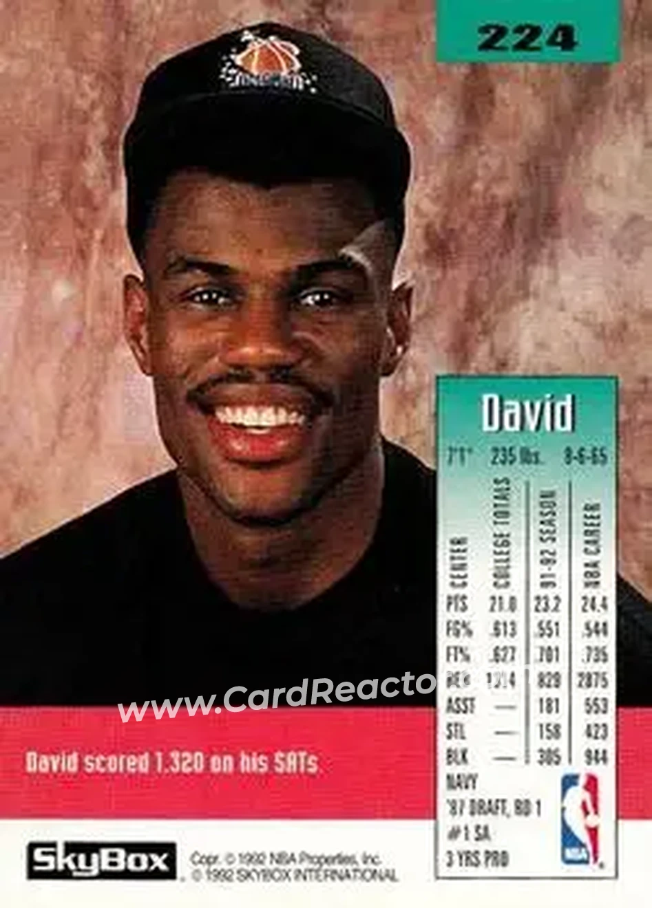 1992-93 SkyBox #224 - David Robinson - San Antonio Spurs - Back