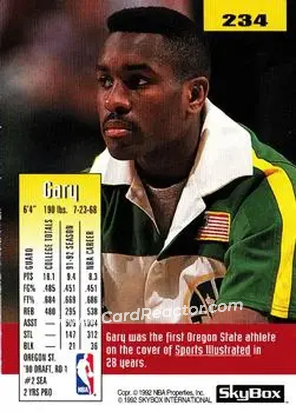 1992-93 SkyBox #234 - Gary Payton - Seattle SuperSonics - Back