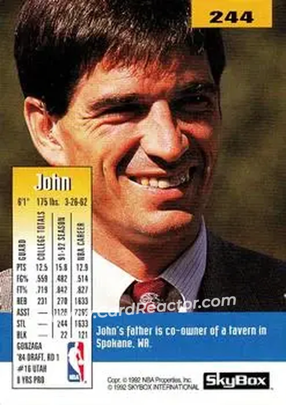 1992-93 SkyBox #244 - John Stockton - Utah Jazz - Back