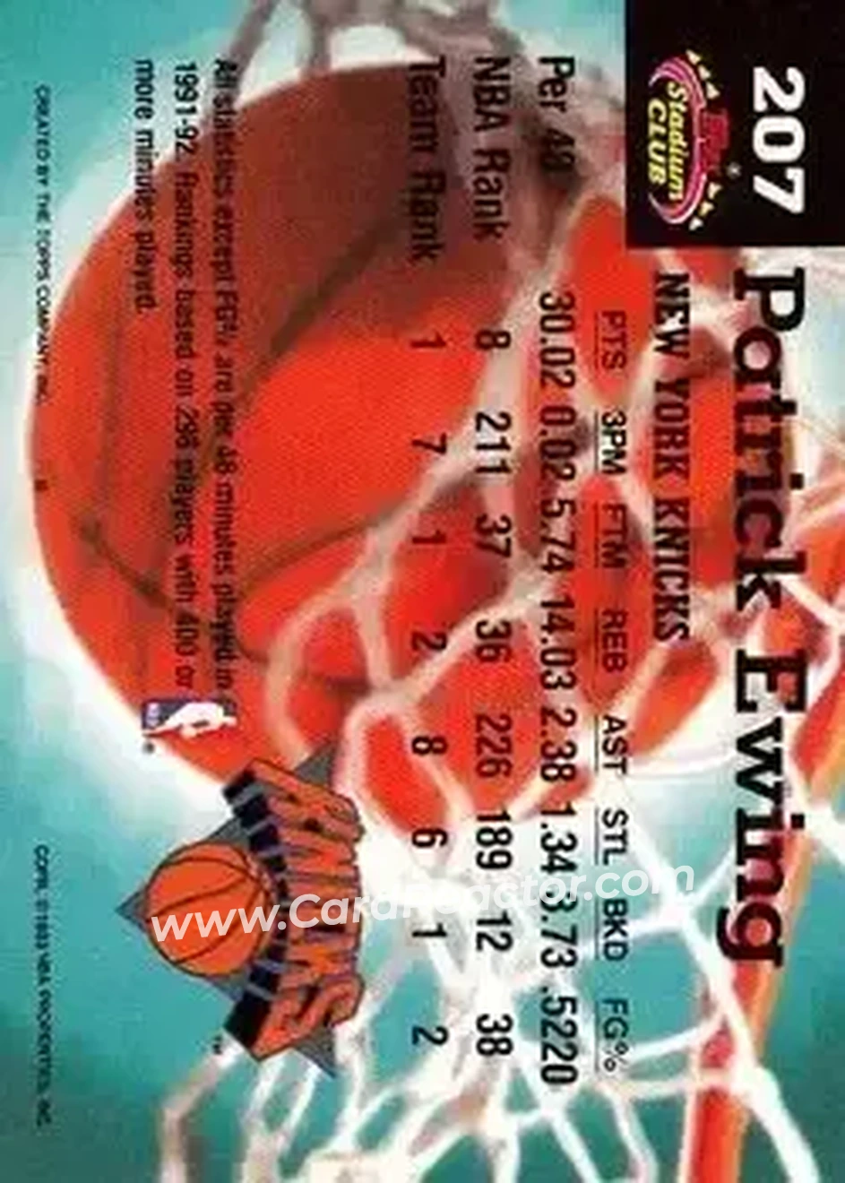1992-93 Stadium Club #207 - Patrick Ewing - New York Knicks - Back