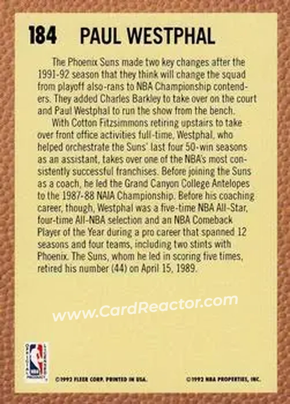 1992-93 Fleer #184 - Paul Westphal - Phoenix Suns - Back