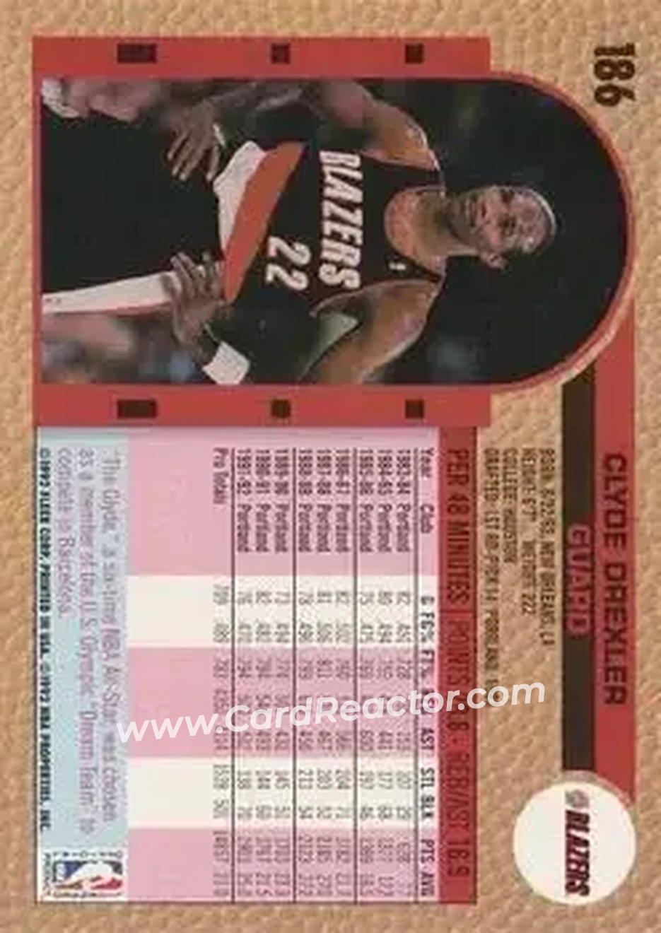 1992-93 Fleer #186 - Clyde Drexler - Portland Trail Blazers - Back
