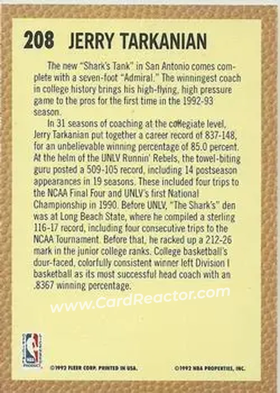 1992-93 Fleer #208 - Jerry Tarkanian - San Antonio Spurs - Back