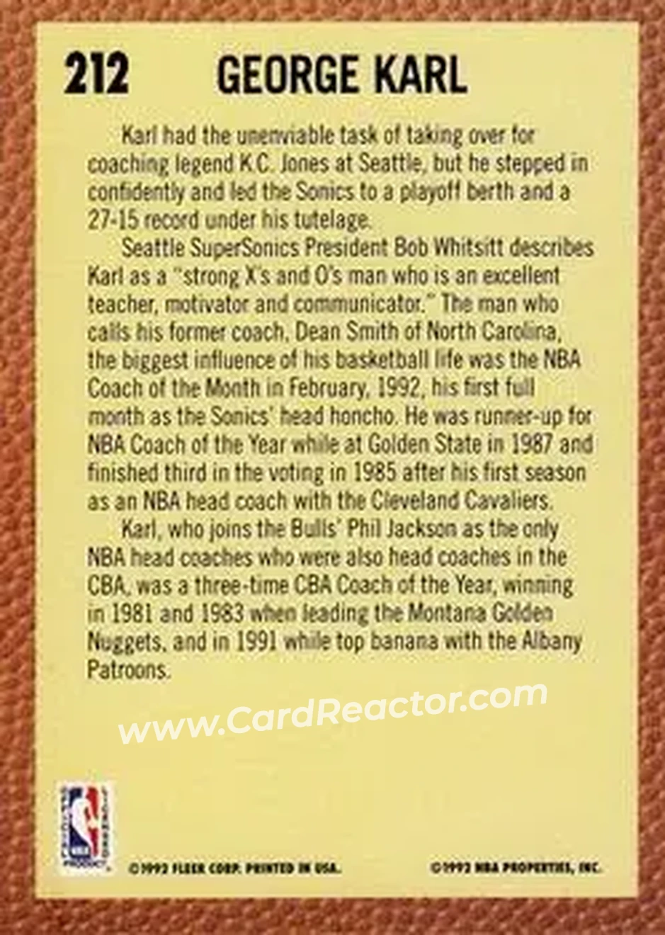 1992-93 Fleer #212 - George Karl - Seattle SuperSonics - Back 1992-93 Fleer #212 - George Karl - Seattle SuperSonics - Back