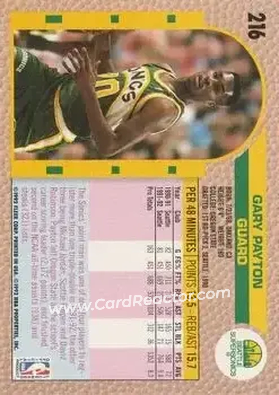 1992-93 Fleer #216 - Gary Payton - Seattle SuperSonics - Back