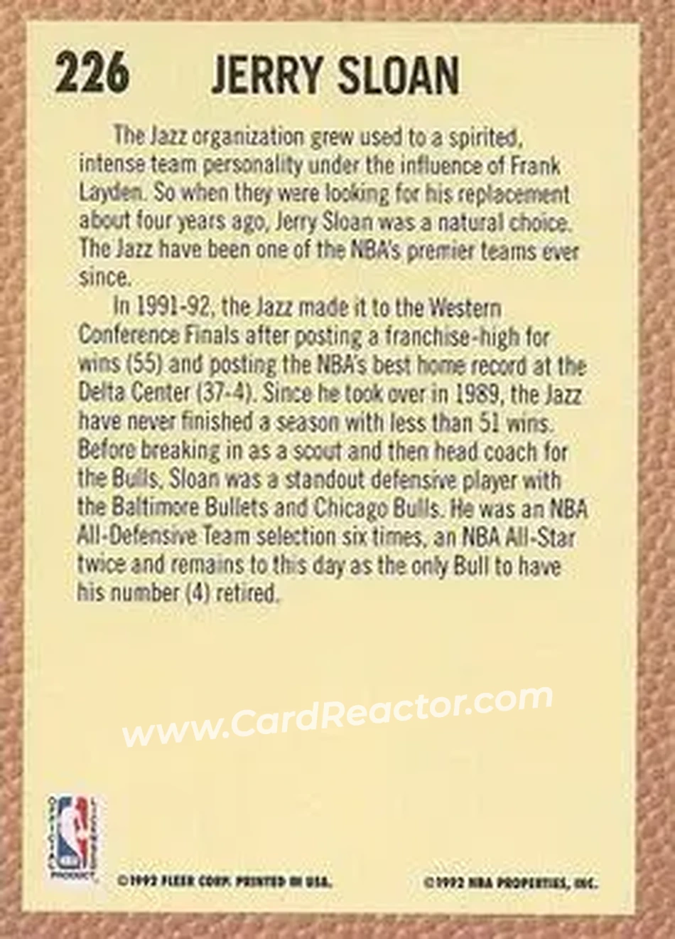 1992-93 Fleer #226 - Jerry Sloan - Utah Jazz - Back