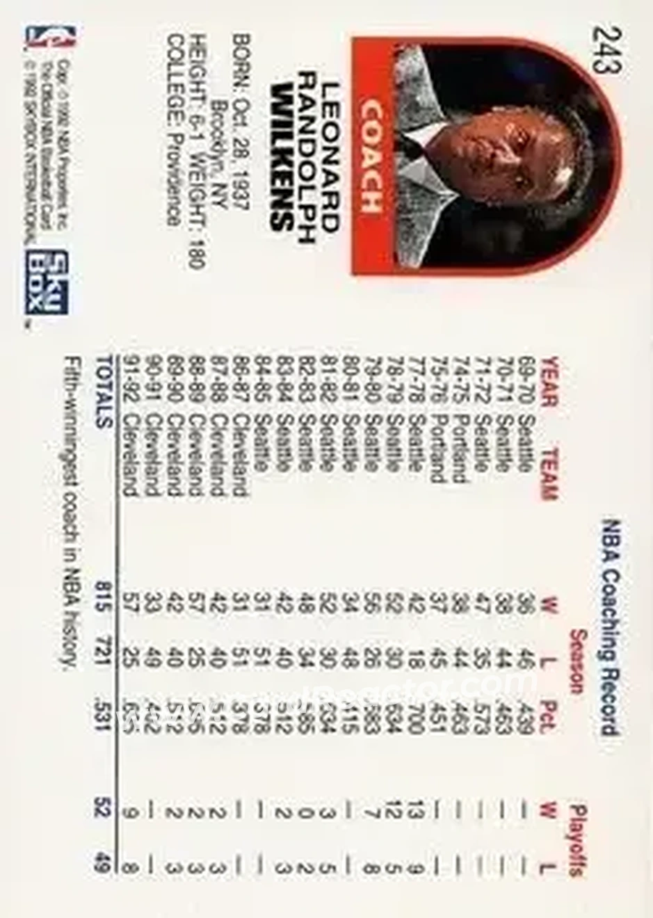 1992-93 Hoops #243 - Lenny Wilkens - Cleveland Cavaliers - Back