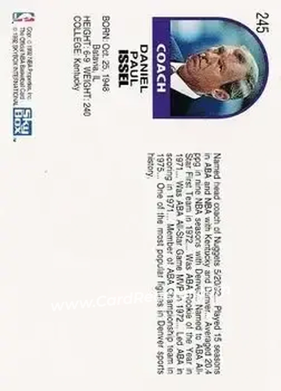 1992-93 Hoops #245 - Dan Issel - Denver Nuggets - Back