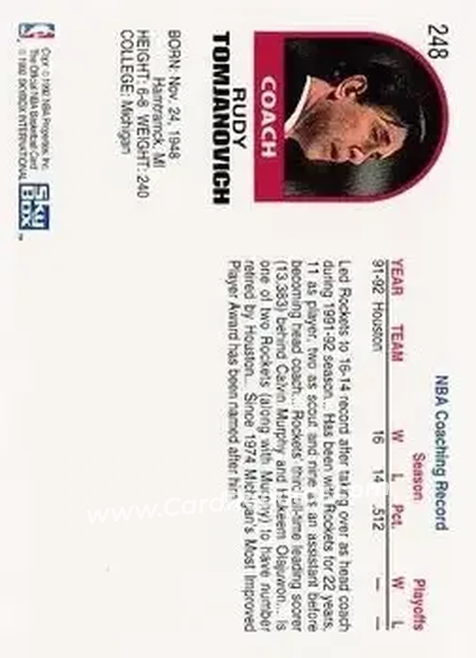 1992-93 Hoops #248 - Rudy Tomjanovich - Houston Rockets - Back 1992-93 Hoops #248 - Rudy Tomjanovich - Houston Rockets - Back