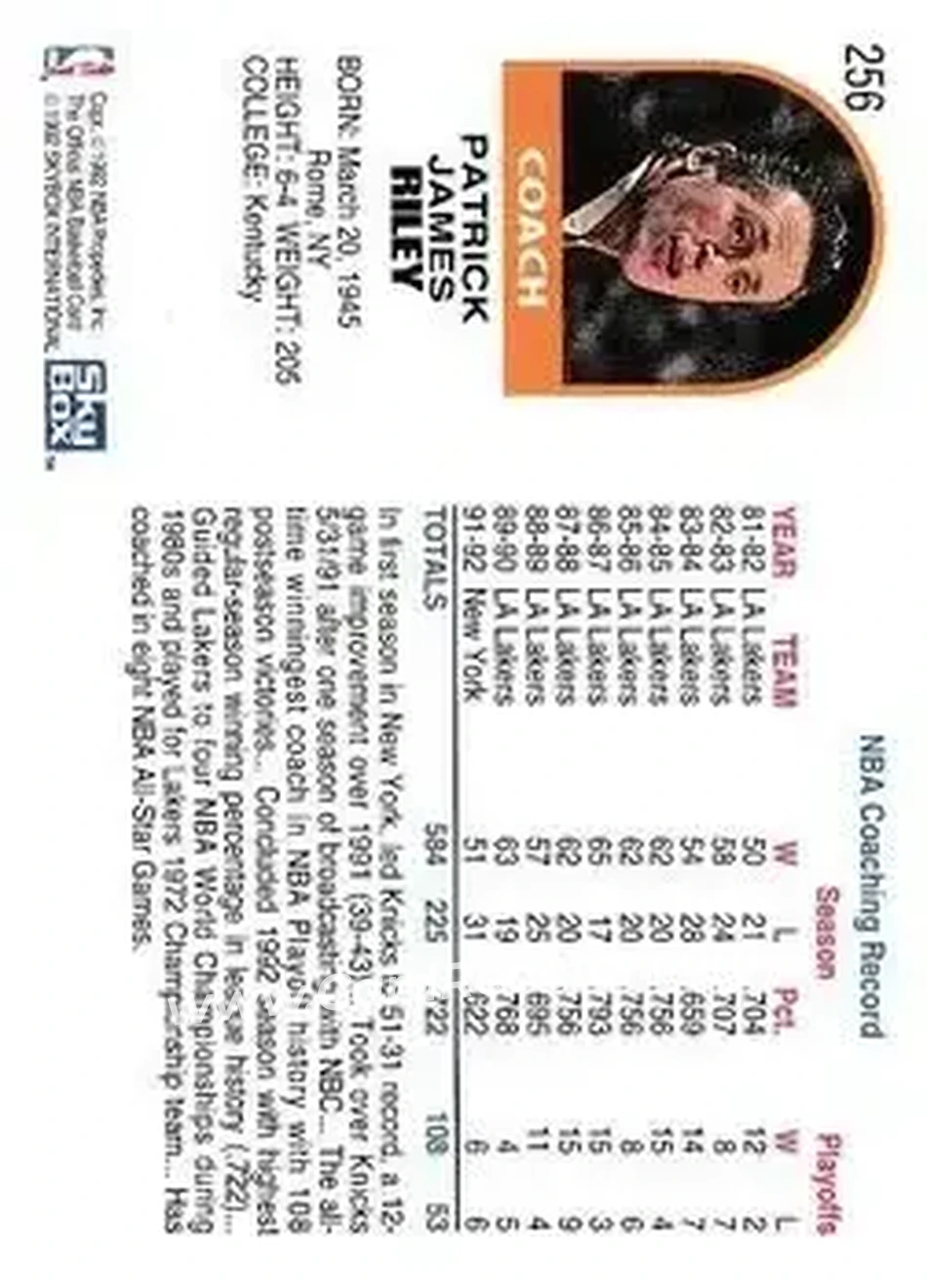 1992-93 Hoops #256 - Pat Riley - New York Knicks - Back