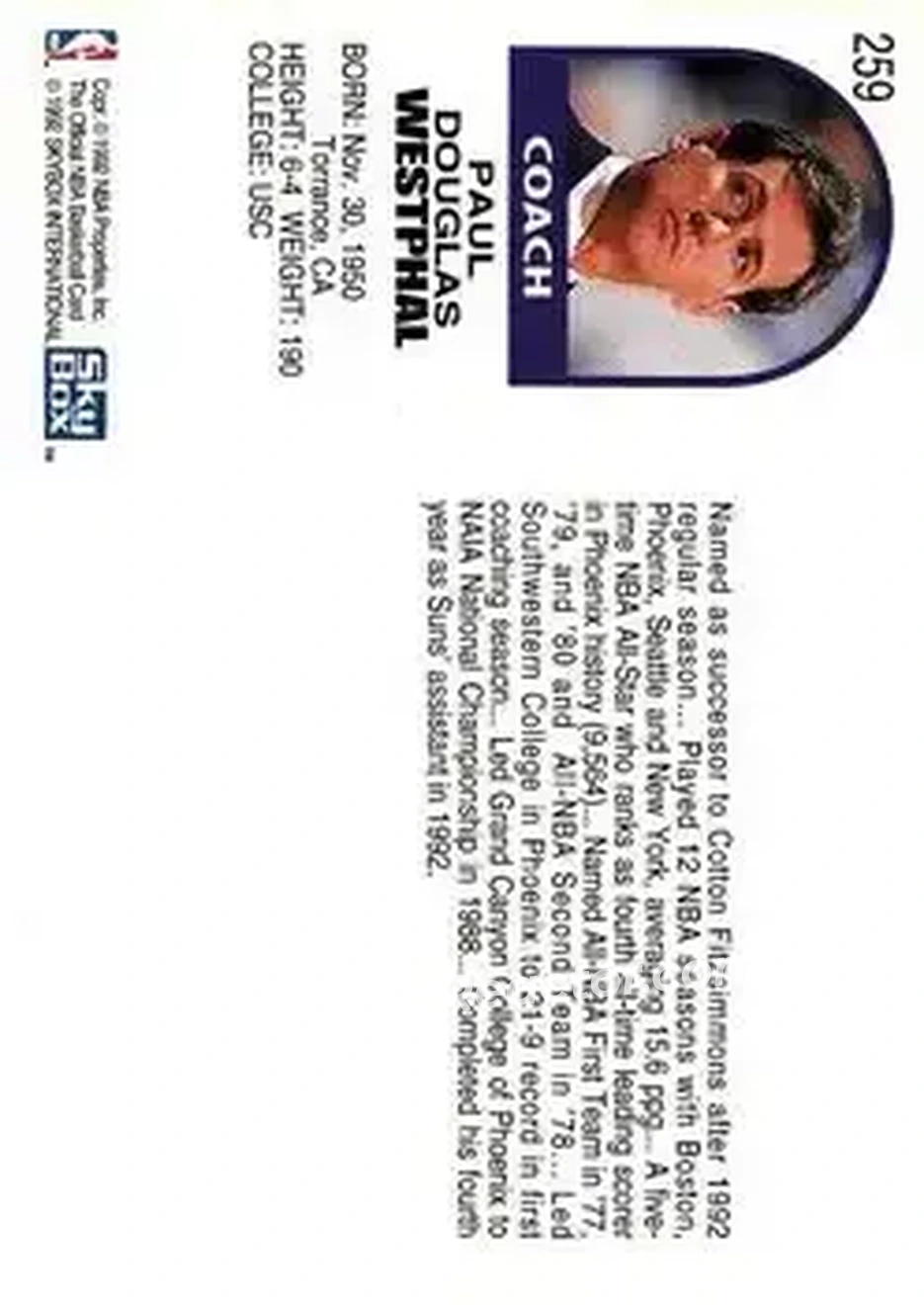 1992-93 Hoops #259 - Paul Westphal - Phoenix Suns - Back