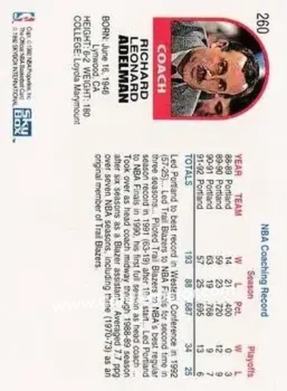 1992-93 Hoops #260 - Rick Adelman - Portland Trail Blazers - Back