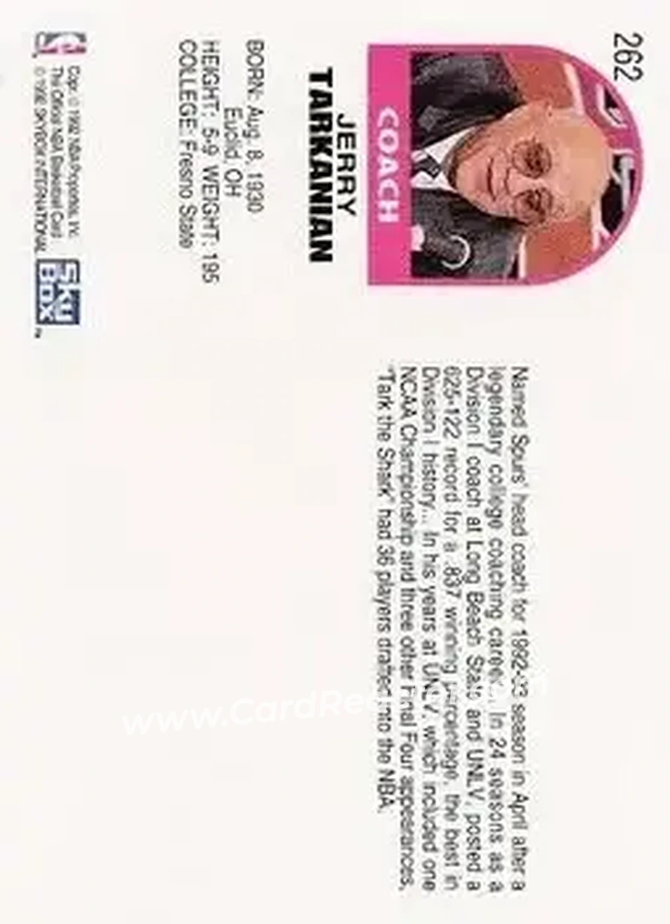 1992-93 Hoops #262 - Jerry Tarkanian - San Antonio Spurs - Back