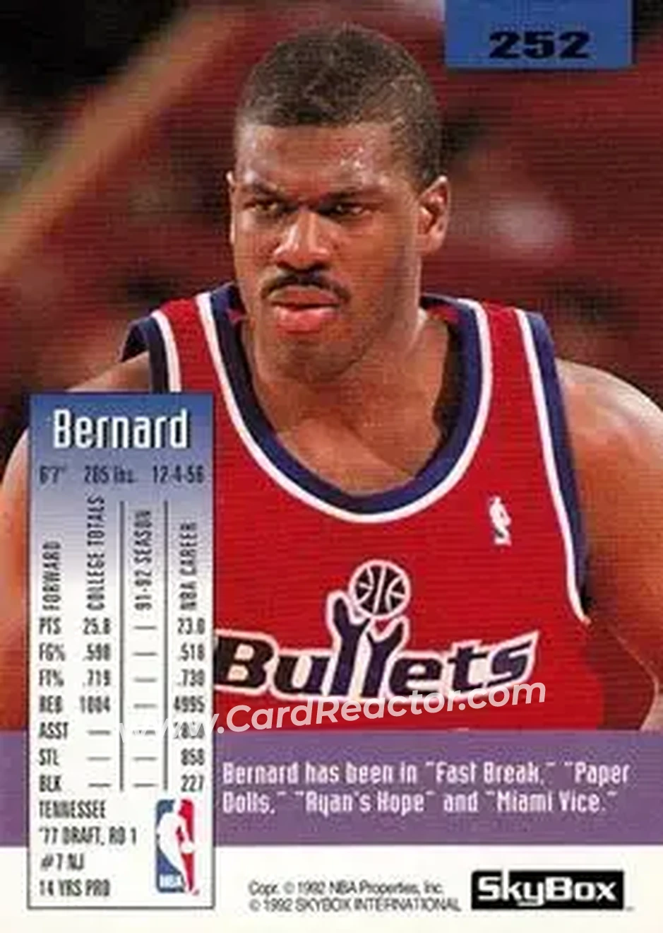 1992-93 SkyBox #252 - Bernard King - Washington Bullets - Back