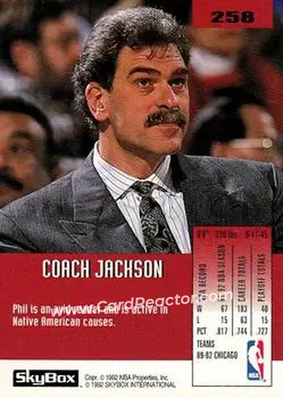 1992-93 SkyBox #258 - Phil Jackson - Chicago Bulls - Back