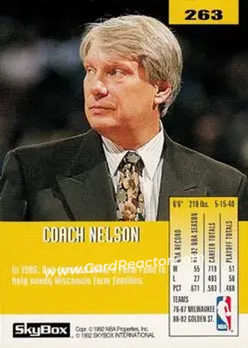 1992-93 SkyBox #263 - Don Nelson - Golden State Warriors - Back