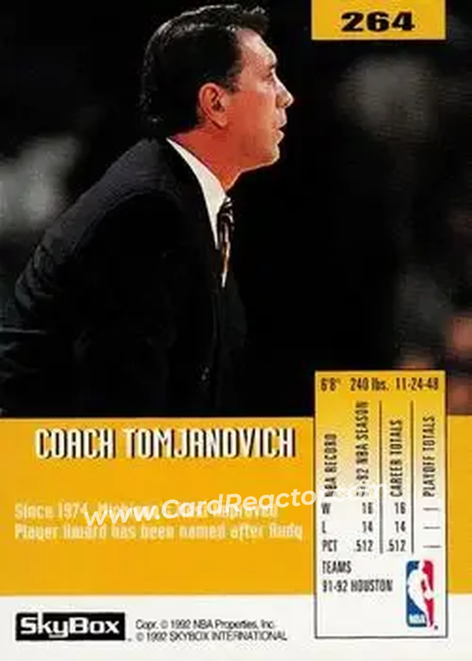 1992-93 SkyBox #264 - Rudy Tomjanovich - Houston Rockets - Back
