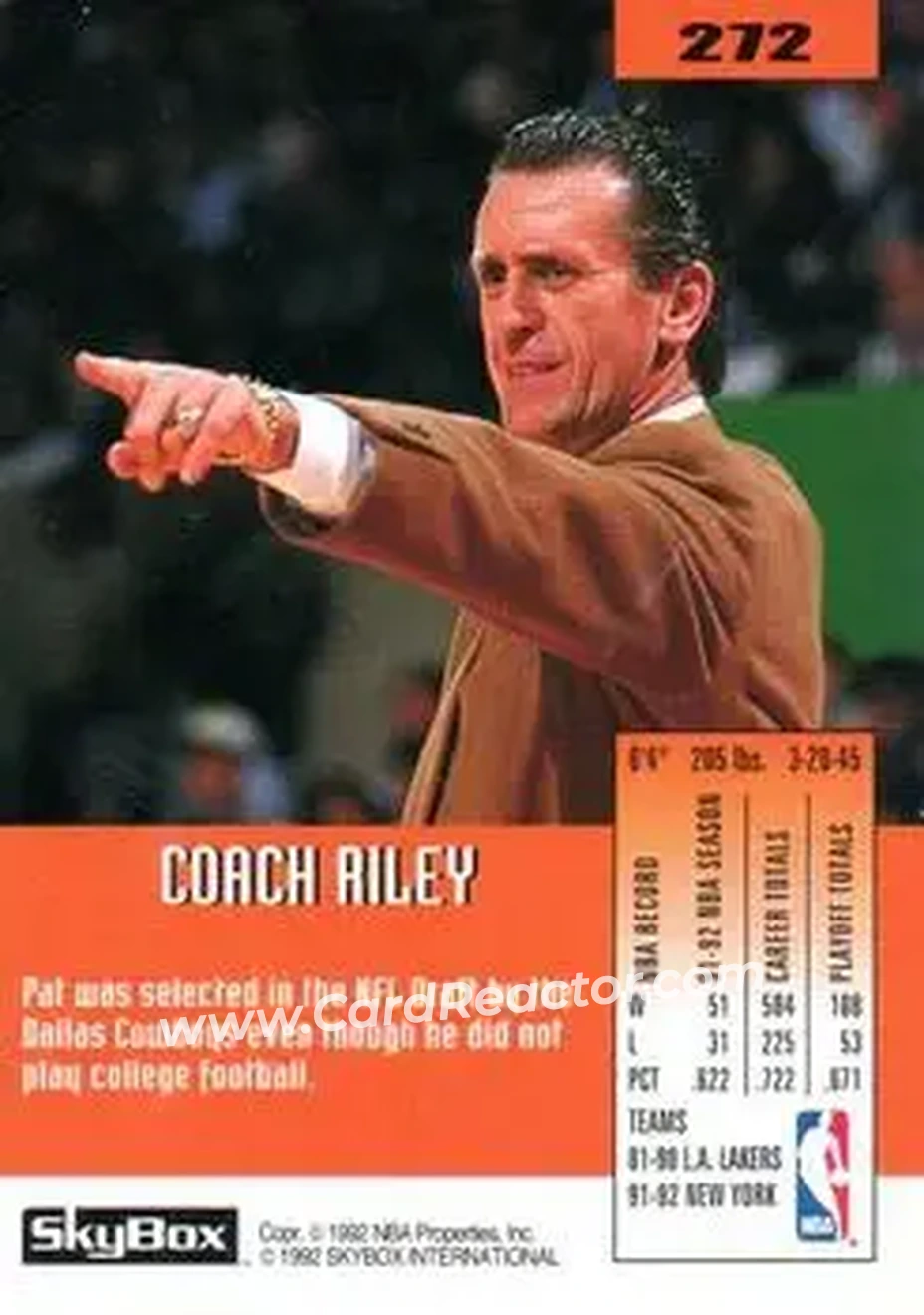 1992-93 SkyBox #272 - Pat Riley - New York Knicks - Back