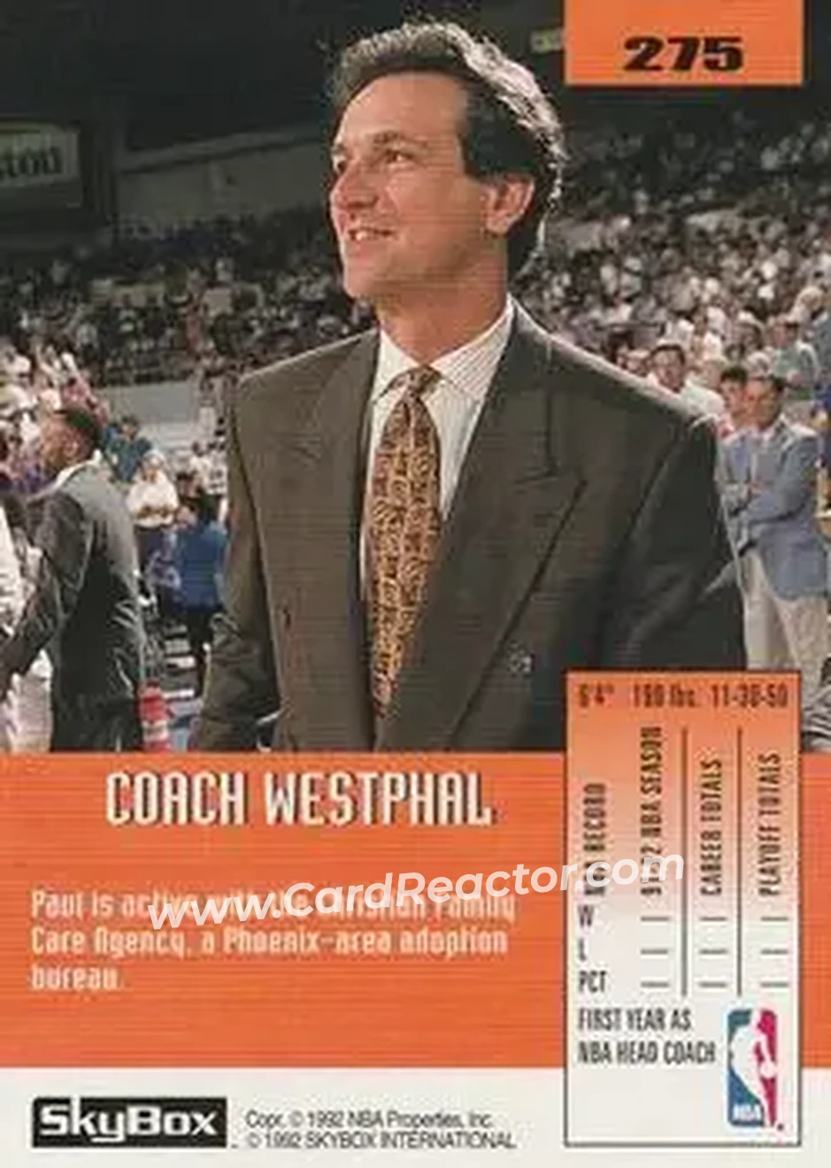 1992-93 SkyBox #275 - Paul Westphal - Phoenix Suns - Back