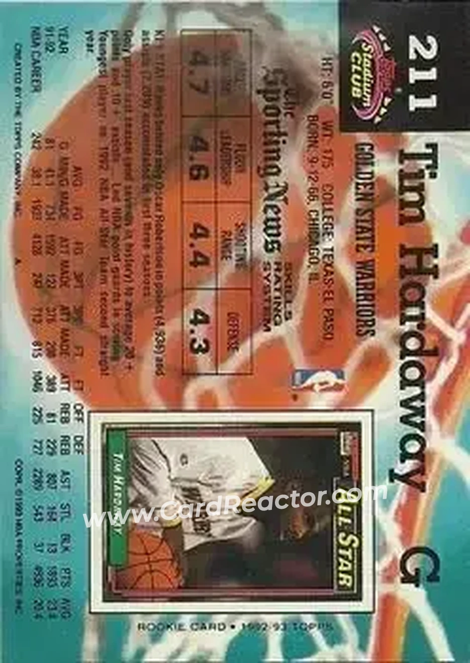 1992-93 Stadium Club #211 - Tim Hardaway - Golden State Warriors - Back