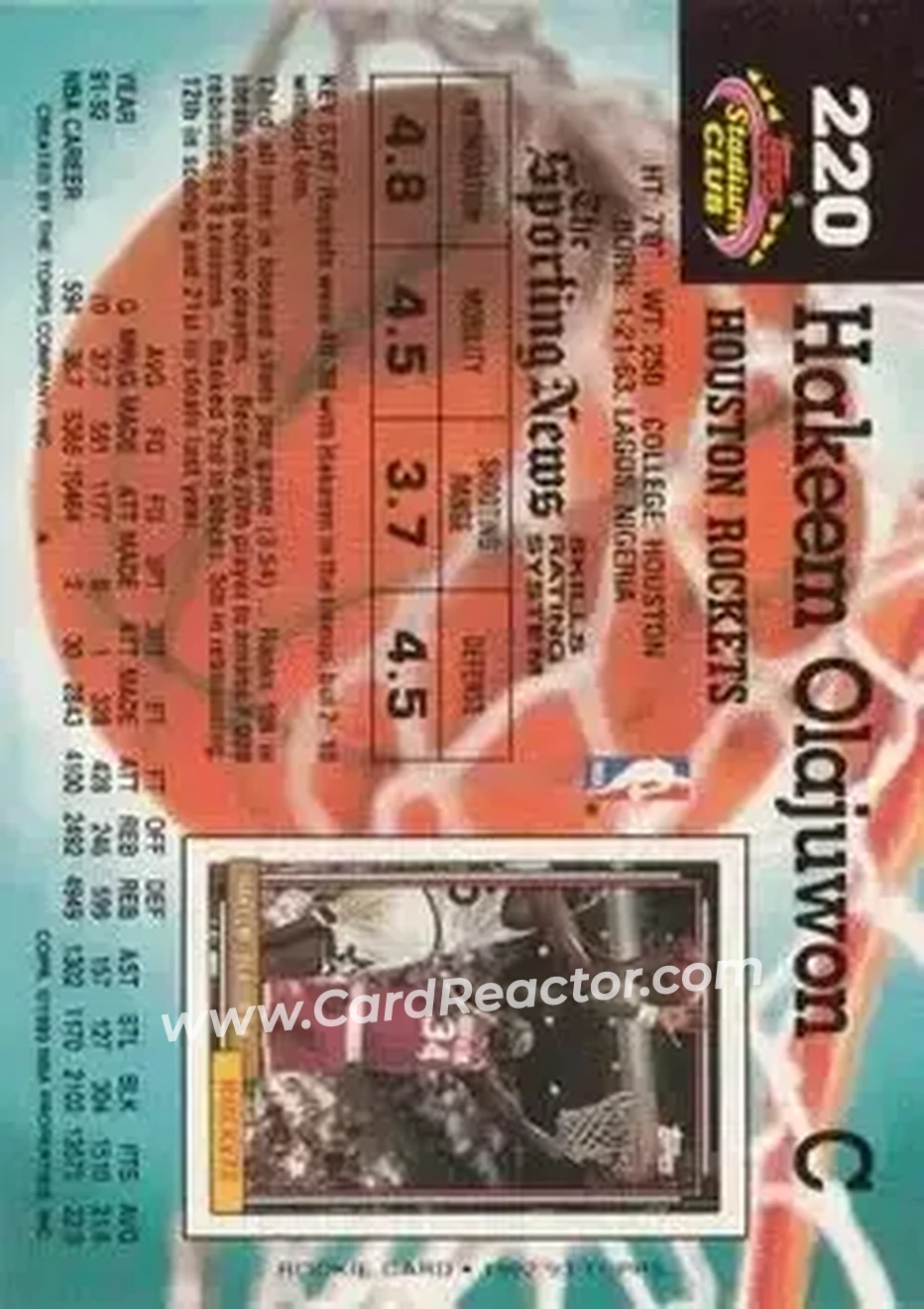 1992-93 Stadium Club #220 - Hakeem Olajuwon - Houston Rockets - Back