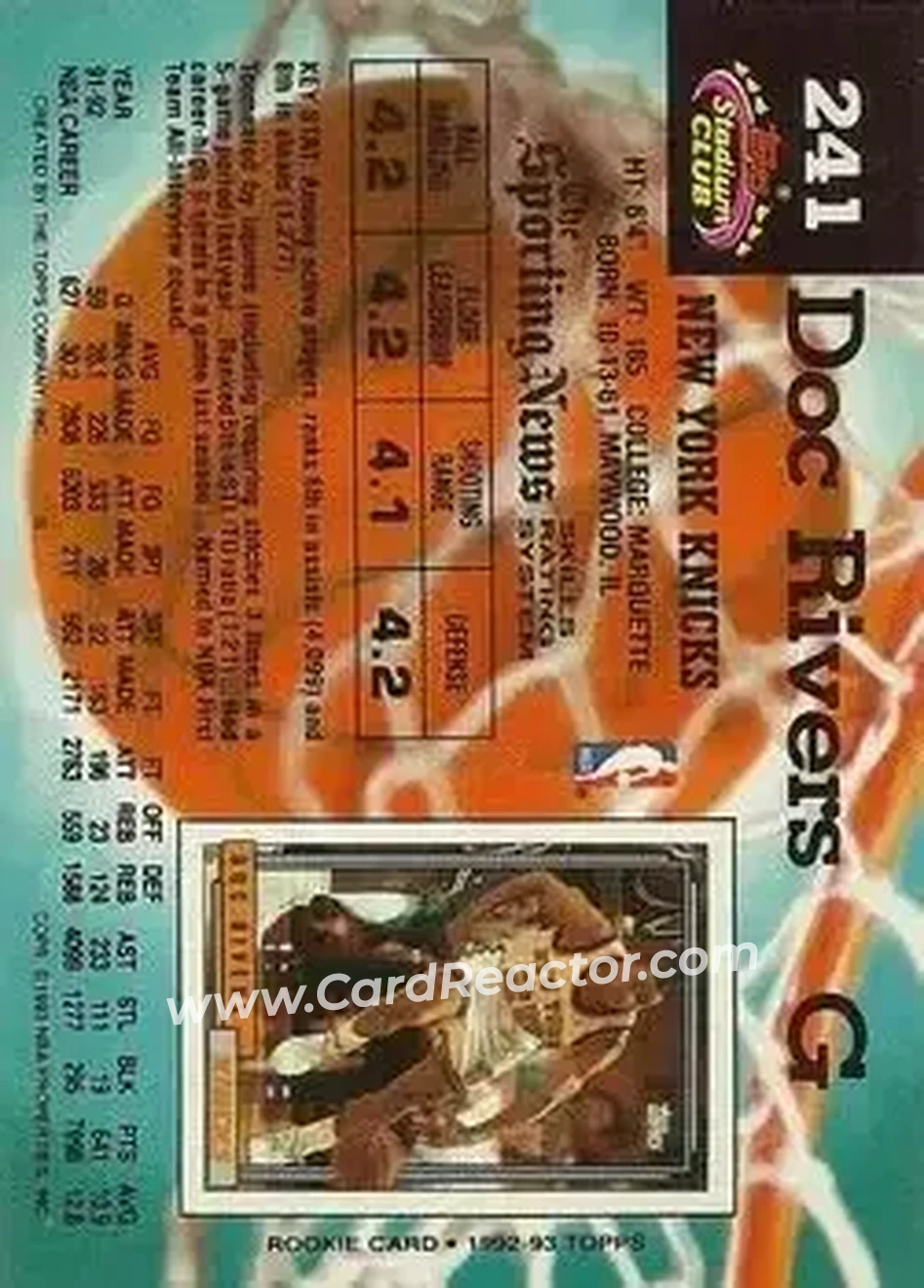 1992-93 Stadium Club #241 - Doc Rivers - New York Knicks - Back 1992-93 Stadium Club #241 - Doc Rivers - New York Knicks - Back