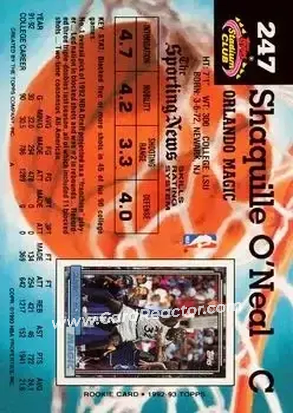 1992-93 Stadium Club #247 - Shaquille O'Neal - Orlando Magic - Back