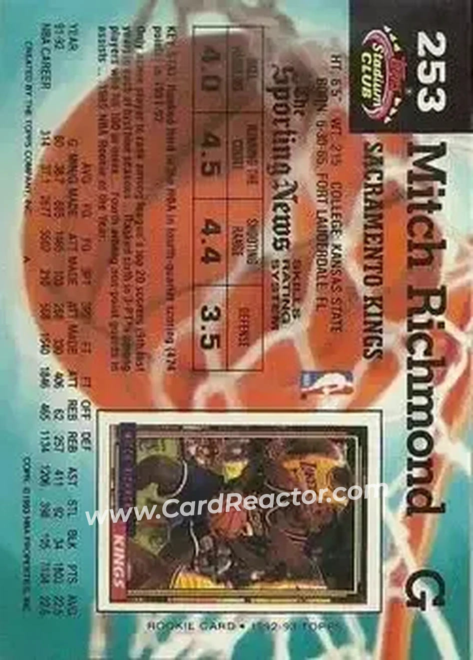1992-93 Stadium Club #253 - Mitch Richmond - Sacramento Kings - Back